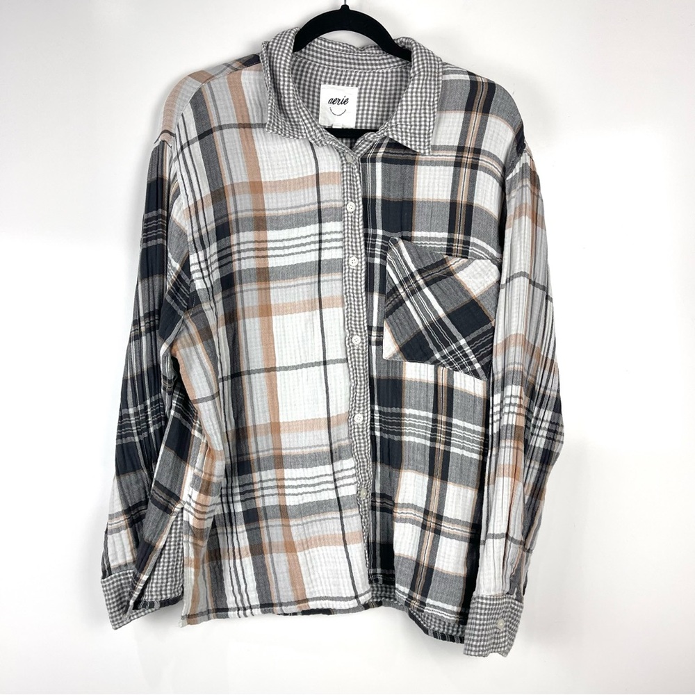 aerie Plaid Button-Down Shirt in White, Gray, and Brown